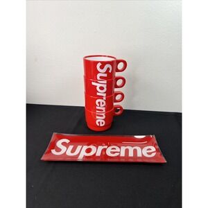 Supreme Red Set Of 4 Cups Stackable Stacking & Supreme Glass Ashtray Deadstock